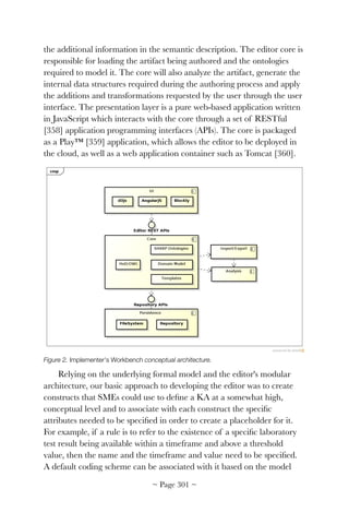 the additional information in the semantic description. The editor core is
responsible for loading the artifact being authored and the ontologies
required to model it. The core will also analyze the artifact, generate the
internal data structures required during the authoring process and apply
the additions and transformations requested by the user through the user
interface. The presentation layer is a pure web-based application written
in JavaScript which interacts with the core through a set of RESTful
[358] application programming interfaces (APIs). The core is packaged
as a Play™ [359] application, which allows the editor to be deployed in
the cloud, as well as a web application container such as Tomcat [360].


Figure 2. Implementer's Workbench conceptual architecture.
Relying on the underlying formal model and the editor's modular
architecture, our basic approach to developing the editor was to create
constructs that SMEs could use to deﬁne a KA at a somewhat high,
conceptual level and to associate with each construct the speciﬁc
attributes needed to be speciﬁed in order to create a placeholder for it.
For example, if a rule is to refer to the existence of a speciﬁc laboratory
test result being available within a timeframe and above a threshold
value, then the name and the timeframe and value need to be speciﬁed.
A default coding scheme can be associated with it based on the model
~ Page ! ~301
 