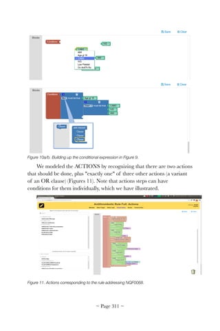 Figure 10a/b. Building up the conditional expression in Figure 9.
We modeled the ACTIONS by recognizing that there are two actions
that should be done, plus exactly one of three other actions (a variant
of an OR clause) (Figures 11). Note that actions steps can have
conditions for them individually, which we have illustrated.
!
Figure 11. Actions corresponding to the rule addressing NQF0068.
~ Page ! ~311
 