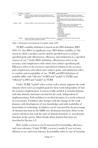 Table 1. Dimensions and measures of usability under TURF.
TURF's usability deﬁnition is based on the ISO deﬁnition (ISO
9241-11), but differs in signiﬁcant ways. ISO deﬁnes usability as "the
extent to which a product can be used by speciﬁed users to achieve
speciﬁed goals with effectiveness, efﬁciency, and satisfaction in a speciﬁed
context of use." Under ISO's deﬁnition, effectiveness refers to the
accuracy and completeness with which users achieve speciﬁed goals.
Efﬁciency refers to the resources expended in relation to the accuracy
and completeness with which users achieve goals, and satisfaction refers
to comfort and acceptability of use. TURF and ISO deﬁnitions of
usability differ with "effective" in ISO and "useful" in TURF, and
"efﬁcient" in ISO and "usable" in TURF.
Under TURF, "useful" refers to how well a system supports the work
domain where users accomplish goals for their work independent of how
the system is implemented. A system is fully useful if it includes domain,
and only domain, functions essential for the work, independent of
implementations. Full usefulness is an ideal situation; it is rarely achieved
in real systems. Usefulness also changes with the change of the work
domain, with development of new knowledge, and with availability of
innovations in technology. Usefulness can be measured by the percentage
of domain functions in the EHR over all domain functions (those in the
system and those not) and the ratio of domain functions vs. non-domain
functions in the system. More details about domain functions are
described in Section 3.2.
How usable a system is can be measured by learnability, efﬁciency,
and error tolerance. Under TURF, a system is usable if easy to learn,
efﬁcient to use, and error-tolerant. Learnability refers to ease of learning
~ Page ! ~31
 