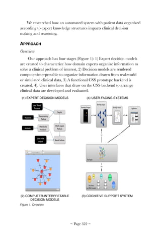We researched how an automated system with patient data organized
according to expert knowledge structures impacts clinical decision
making and reasoning.
APPROACH
Overview
Our approach has four stages (Figure 1): 1) Expert decision models
are created to characterize how domain experts organize information to
solve a clinical problem of interest, 2) Decision models are rendered
computer-interpretable to organize information drawn from real-world
or simulated clinical data, 3) A functional CSS prototype backend is
created, 4). User interfaces that draw on the CSS backend to arrange
clinical data are developed and evaluated.


Figure 1. Overview
~ Page ! ~322
 