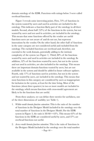 domain ontology of the EDR. Functions with ratings below 3 were called
overhead functions.
Figure 3 reveals some interesting points. First, 73% of functions in
the system wanted by users and used in activities are included in the
ontology. This indicates a function likely part of the ontology in all three
models. Second, about half (52%) of the functions in the system, but not
wanted by users and not used in activities, are included in the ontology.
This means that some functions offered by the vendor are useful
functions users are not aware of and do not use, but represent
innovations by the vendor. On the other hand, the other half of functions
in the same category are not considered useful and excluded from the
ontology. The excluded functions are overhead and, therefore, not
essential to the work domain, potentially adding to the intrinsic
complexity of the system (see Figure 1). Third, 80% of the functions
wanted by users and used in activities are included in the ontology. In
addition, 52% of the functions wanted by users, but not in the system
and not used in activities, are also included in the ontology. This means
there are important domain functions wanted by users, but are not
available in the system and should be added in future software updates.
Fourth, only 17% of functions used in activities, but not in the system
and not wanted by users, are included in the ontology. This means that
most functions in this category are considered by users as inappropriate
for inclusion in the system, at least for the time being. Most of the
functions (about three quarters) in two or more models are included in
the ontology, which means functions with cross-model agreement are
likely to be the functions that are useful.
From these analyses, we can deﬁne three metrics for usefulness, one
of the three dimensions of usability (see Table 1).
1. Within-model domain function saturation: This is the ratio of the number
of functions in the Designer Model included in the ontology over the
total number of functions in the Designer Model. For the EDR
system in Figure 3, the ratio is 38/60 = 63%. This means 63% of the
functions in the EDR are considered useful by users, and 37% are
overhead functions not useful.
2. Across-model domain function saturation: This is the ratio of functions in
the Designer Model included in the ontology over the total number
~ Page ! ~40
 
