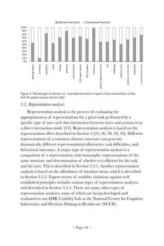 !
Figure 6. Percentage of domain vs. overhead functions in each of the subsections of the
AHLTA patient record section [46].
3.3. Representation analysis
Representation analysis is the process of evaluating the
appropriateness of representations for a given task performed by a
speciﬁc type of user such that interaction between users and systems is in
a direct interaction mode [47]. Representation analysis is based on the
representation effect described in Section 3 [35, 36, 38, 39, 43]. Different
representations of a common abstract structure can generate
dramatically different representational efﬁciencies, task difﬁculties, and
behavioral outcomes. A major type of representation analysis is a
comparison of a representation with isomorphic representations of the
same structure and determination of whether it is efﬁcient for the task
and the user. This is described in Section 3.3.1. Another representation
analysis is based on the affordance of interface items, which is described
in Section 3.3.2. Expert review of usability violations against well
established principles includes various types of representation analyses,
and described in Section 3.3.3. There are many other types of
representation analyses, some of which are being developed and
evaluated in our EHR Usability Lab at the National Center for Cognitive
Informatics and Decision Making in Healthcare (NCCD).
~ Page ! ~44
 