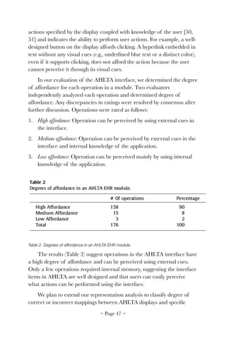 actions speciﬁed by the display coupled with knowledge of the user [50,
51] and indicates the ability to perform user actions. For example, a well-
designed button on the display affords clicking. A hyperlink embedded in
text without any visual cues (e.g., underlined blue text or a distinct color),
even if it supports clicking, does not afford the action because the user
cannot perceive it through its visual cues.
In our evaluation of the AHLTA interface, we determined the degree
of affordance for each operation in a module. Two evaluators
independently analyzed each operation and determined degree of
affordance. Any discrepancies in ratings were resolved by consensus after
further discussion. Operations were rated as follows:
1. High affordance: Operation can be perceived by using external cues in
the interface.
2. Medium affordance: Operation can be perceived by external cues in the
interface and internal knowledge of the application.
3. Low affordance: Operation can be perceived mainly by using internal
knowledge of the application.
Table 2. Degrees of affordance in an AHLTA EHR module.
The results (Table 2) suggest operations in the AHLTA interface have
a high degree of affordance and can be perceived using external cues.
Only a few operations required internal memory, suggesting the interface
items in AHLTA are well designed and that users can easily perceive
what actions can be performed using the interface.
We plan to extend our representation analysis to classify degree of
correct or incorrect mappings between AHLTA displays and speciﬁc
~ Page ! ~47
 