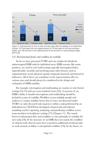 Figure 12. Improvements for time on task and task steps after the redesign of an OpenVista
module: 187 total steps from the original product to 79 total steps for the new prototype
design, and 199 seconds in the original product to 82 seconds in a new prototype design
(from [72]).
3.6. Environmental factors and workﬂow for usability
So far we have presented TURF and case studies for idealized,
uninterrupted EHR tasks by individual users. EHR systems, like many
products, are used in real world settings typically interruption-laden,
unpredictable, stressful, and involving many other factors, such as
organizational, social, physical, spatial, temporal, ﬁnancial, and historical
inﬂuences. All of these can contribute to the representation effect in
various ways and should always be considered in the design and
evaluation of EHR usability.
For example, interruption and multitasking are routine in real clinical
settings [73-75] and can cause medical errors [76]. A measure of an
EHR's ability to handle interruptions and multitasking should be
included as part of usability. Workﬂow across multiple people and
artifacts is a major usability factor that we have not discussed under
TURF; we only discussed task sequences within a task performed by an
individual user. NCCD has developed a framework and software
modeling tool for capturing, analyzing, and predicting workﬂow across
team members in healthcare settings [77] (Chapter 11). The match
between information ﬂow and workﬂow is a key principle of usability for
user tasks [78]. If the structure of an EHR does not match the workﬂow
of clinical work, then its users have to perform additional overhead tasks
to work around, or follow a sub-optimal workﬂow [79]. In the future, we
~ Page ! ~54
 