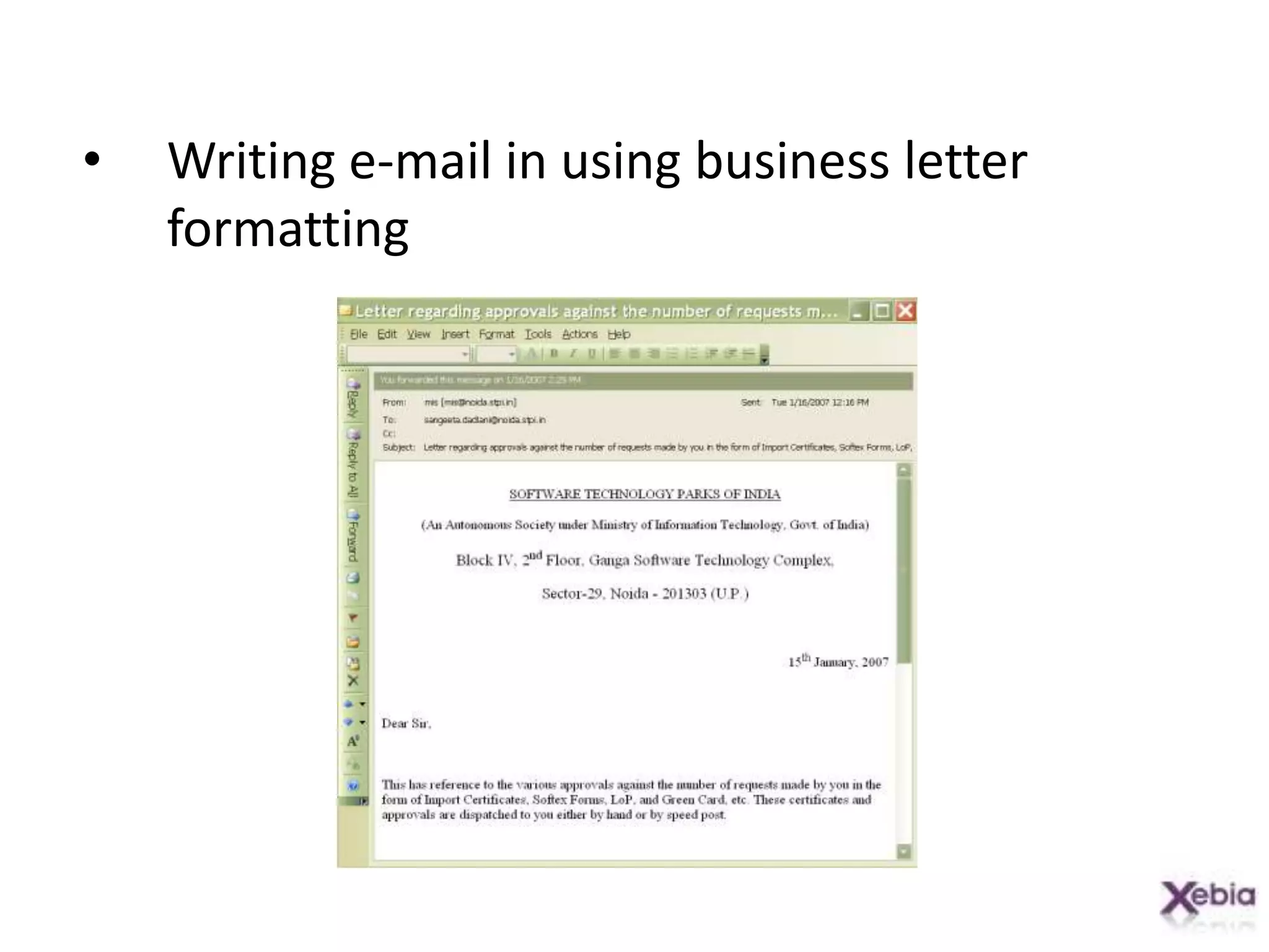 Writing e-mail in using business letter formatting