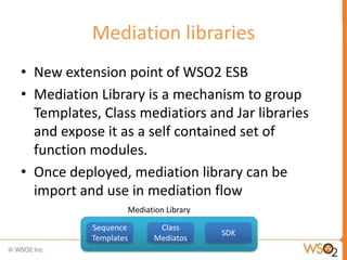 Mediation libraries
• New extension point of WSO2 ESB
• Mediation Library is a mechanism to group
  Templates, Class mediatiors and Jar libraries
  and expose it as a self contained set of
  function modules.
• Once deployed, mediation library can be
  import and use in mediation flow
                       Mediation Library

           Sequence            Class
                                           SDK
           Templates          Mediatos
 