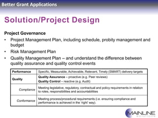 Better Grant Applications
Solution/Project Design
Project Governance
• Project Management Plan, including schedule, probit...