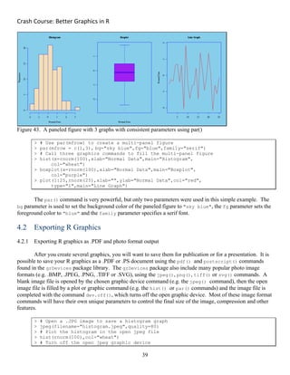 Crash Course: Better Graphics in R 
39
Figure 43. A paneled figure with 3 graphs with consistent parameters using par()
> # Use par(mfrow) to create a multi-panel figure
> par(mfrow = c(1,3), bg="sky blue",fg="blue",family="serif")
> # Call three graphics commands to fill the multi-panel figure
> hist(x=rnorm(100),xlab="Normal Data",main="Histogram",
col="wheat")
> boxplot(x=rnorm(100),xlab="Normal Data",main="Boxplot",
col="purple")
> plot(1:25,rnorm(25),xlab="",ylab="Normal Data",col="red",
type="l",main="Line Graph")
The par() command is very powerful, but only two parameters were used in this simple example. The
bg parameter is used to set the background color of the paneled figure to "sky blue", the fg parameter sets the
foreground color to "blue" and the family parameter specifies a serif font.
4.2 Exporting R Graphics
4.2.1 Exporting R graphics as .PDF and photo format output
After you create several graphics, you will want to save them for publication or for a presentation. It is
possible to save your R graphics as a .PDF or .PS document using the pdf() and postscript() commands
found in the grDevices package library. The grDevices package also include many popular photo image
formats (e.g. .BMP, .JPEG, .PNG, .TIFF or .SVG), using the jpeg(), png(), tiff() or svg() commands. A
blank image file is opened by the chosen graphic device command (e.g. the jpeg() command), then the open
image file is filled by a plot or graphic command (e.g. the hist() or par() commands) and the image file is
completed with the command dev.off(), which turns off the open graphic device. Most of these image format
commands will have their own unique parameters to control the final size of the image, compression and other
features.
> # Open a .JPG image to save a histogram graph
> jpeg(filename="histogram.jpeg",quality=80)
> # Plot the histogram in the open jpeg file
> hist(rnorm(100),col="wheat")
> # Turn off the open jpeg graphic device
 