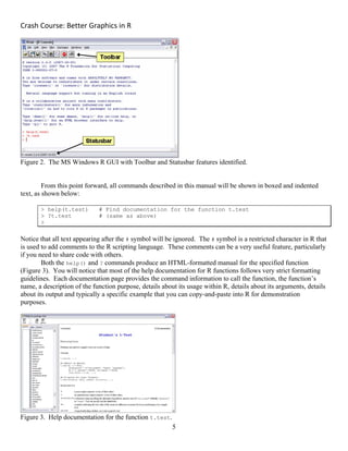 Crash Course: Better Graphics in R 
5
Figure 2. The MS Windows R GUI with Toolbar and Statusbar features identified.
From this point forward, all commands described in this manual will be shown in boxed and indented
text, as shown below:
> help(t.test) # Find documentation for the function t.test
> ?t.test # (same as above)
>
Notice that all text appearing after the # symbol will be ignored. The # symbol is a restricted character in R that
is used to add comments to the R scripting language. These comments can be a very useful feature, particularly
if you need to share code with others.
Both the help() and ? commands produce an HTML-formatted manual for the specified function
(Figure 3). You will notice that most of the help documentation for R functions follows very strict formatting
guidelines. Each documentation page provides the command information to call the function, the function’s
name, a description of the function purpose, details about its usage within R, details about its arguments, details
about its output and typically a specific example that you can copy-and-paste into R for demonstration
purposes.
Figure 3. Help documentation for the function t.test.
 
