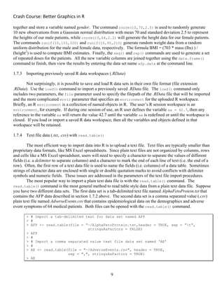 Crash Course: Better Graphics in R 
9
together and store a variable named gender. The command rnorm(10,70,2.5) is used to randomly generate
10 new observations from a Gaussian normal distribution with mean 70 and standard deviation 2.5 to represent
the heights of our male patients, while rnorm(10,64,2.2) will generate the height data for our female patients.
The commands runif(10,155,320) and runif(10,95,210) generate random weight data from a random
uniform distribution for the male and female data, respectively. The formula BMI = (703 * mass (lbs) ) /
(height2
) is used to compute BMI estimates. Finally, the seq() and rep() commands are used to generate a set
of repeated doses for the patients. All the new variable columns are joined together using the data.frame()
command to finish, then view the results by entering the data set name afp.data at the command line.
1.7.3 Importing previously saved R data workspaces (.RData)
Not surprisingly, it is possible to save and load R data sets in their own file format (file extension
.RData). Use the load() command to import a previously saved .RData file. The load() command only
includes two parameters, the file parameter used to specify the filepath of the .RData file that will be imported
and the more complicated envir parameter that specifies an environment for the uploaded R workspace.
Briefly, an R environment is a collection of named objects in R. The user’s R session workspace is an
environment, for example. If during one session of use, an R user defines the variable aa = 42.7, then any
reference to the variable aa will return the value 42.7 until the variable aa is redefined or until the workspace is
closed. If you load or import a saved R data workspace, then all the variables and objects defined in that
workspace will be retained.
1.7.4 Text file data (.txt, .csv) with read.table()
The most efficient way to import data into R is to upload a text file. Text files are typically smaller than
proprietary data formats, like MS Excel spreadsheets. Since plain text files are not organized by columns, rows
and cells like a MS Excel spreadsheet, users will need to specify a character to separate the values of different
fields (i.e. a delimiter to separate columns) and a character to mark the end of each line of text (i.e. the end of a
row). Often, the first row of a text data file is used to name the fields (i.e. columns) of a data table. Sometimes
strings of character data are enclosed with single or double quotation marks to avoid conflicts with delimiter
symbols and numeric fields. These issues are addressed in the parameters of the text file import procedures.
The most popular way to import a plain text data file is with the read.table() command. The
read.table() command is the most general method to read table style data from a plain text data file. Suppose
you have two different data sets. The first data set is a tab-delimited text file named AlphaFetoProtein.txt that
contains the AFP data described in section 1.7.2 above. The second data set is a comma separated value (.csv)
plain text file named AdverseEvents.csv that contains epidemiological data on the demographics and adverse
event symptoms of 64 medical patients. Both files can be opened with the read.table() command.
> # Import a tab-delimited text for data set named AFP
> #
> AFP <- read.table(file = “~/AlphaFetoProtein.txt,header = TRUE, sep = “t”,
stringsAsFactors = FALSE)
> AFP
> #
> # Import a comma separated value text file data set named ‘AE’
> #
> AE <- read.table(file = "~/AdverseEvents.csv", header = TRUE,
sep = ",", stringsAsFactors = TRUE)
> AE
 