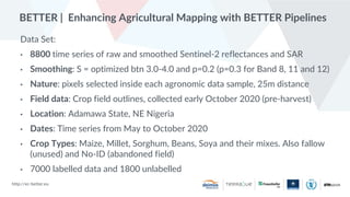 http://ec-better.eu
BETTER | Enhancing Agricultural Mapping with BETTER Pipelines
Data Set:
• 8800 time series of raw and smoothed Sentinel-2 reflectances and SAR
• Smoothing: S = optimized btn 3.0-4.0 and p=0.2 (p=0.3 for Band 8, 11 and 12)
• Nature: pixels selected inside each agronomic data sample, 25m distance
• Field data: Crop field outlines, collected early October 2020 (pre-harvest)
• Location: Adamawa State, NE Nigeria
• Dates: Time series from May to October 2020
• Crop Types: Maize, Millet, Sorghum, Beans, Soya and their mixes. Also fallow
(unused) and No-ID (abandoned field)
• 7000 labelled data and 1800 unlabelled
 