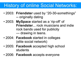 History of online Social Networks:
• 2003: Friendster used by “20-30-somethings”
        -- originally dating
• 2003: MySpace started as a ‘rip-off’ of
        Friendster... rock musicians and indie
        rock bands used for publicity
        — drawing in teens.
• 2004: Facebook started in colleges
        (elite social network)
• 2005: Facebook accepted high school
        students
• 2006: Facebook accepts everyone
 