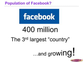 Population of Facebook?




        400 million
  The   3 rd   largest “country”

                …and growi   ng!
 