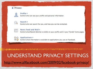 UNDERSTAND PRIVACY SETTINGS
http://www.allfacebook.com/2009/02/facebook-privacy/
 