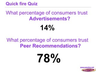 Quick fire Quiz

What percentage of consumers trust
         Advertisements?
                  14%
What percentage of consumers trust
     Peer Recommendations?

              78%             www.easykey.net
 