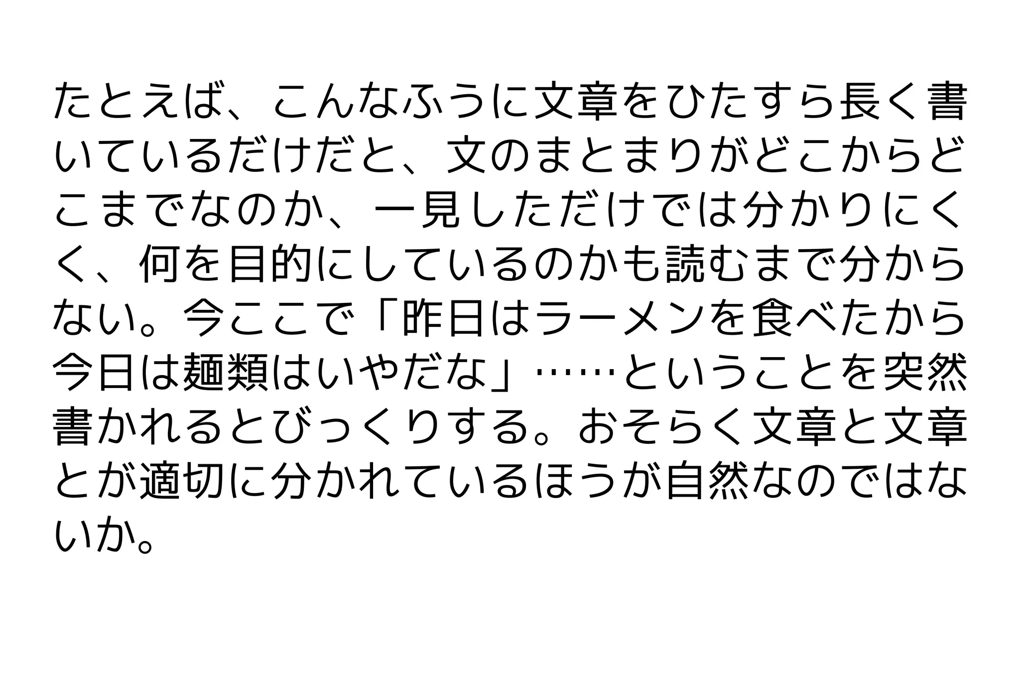たとえば、こんなふうに文章をひたすら長く書
いているだけだと、文のまとまりがどこからど
こまでなのか、一見しただけでは分かりにく
く、何を目的にしているのかも読むまで分から
ない。今ここで「昨日はラーメンを食べたから
今日は麺類はいやだな」……ということを突然
書かれるとびっくりする。おそらく文章と文章
とが適切に分かれているほうが自然なのではな
いか。
 