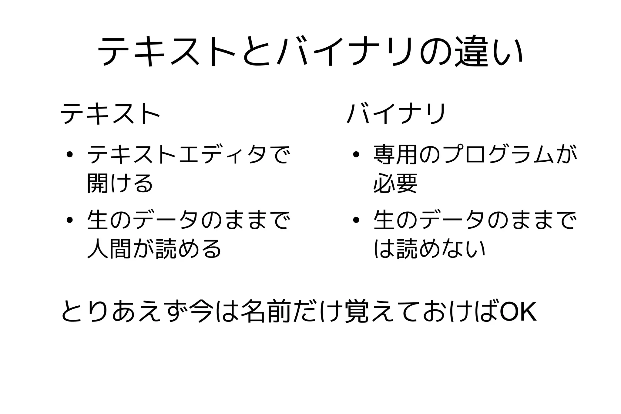 テキストとバイナリの違い
テキスト            バイナリ
●
    テキストエディタで   ●
                    専用のプログラムが
    開ける             必要
●
    生のデータのままで   ●
                    生のデータのままで
    人間が読める          は読めない

とりあえず今は名前だけ覚えておけばOK
 