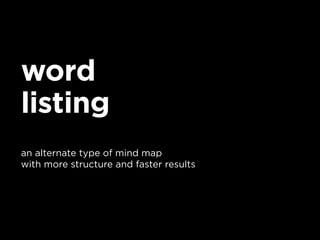 word
listing
an alternate type of mind map
with more structure and faster results
 