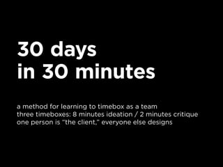 30 days
in 30 minutes
a method for learning to timebox as a team
three timeboxes: 8 minutes ideation / 2 minutes critique
...