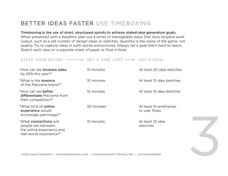 BETTER IDEAS FASTER USE TIMEBOXING
Timeboxing is the use of short, structured sprints to achieve stated idea generation goals.
When presented with a deadline, plan out a series of manageable steps that have tangible work
output, such as a set number of design ideas or sketches. Quantity is the name of the game, not
quality. Try to capture ideas in both words and pictures. Always set a goal that’s hard to reach.
Sketch each idea on a separate sheet of paper or Post-it Note.

STATE YOUR INTENT                      SET A TIME LIMIT              SET A GOAL

“How can we increase sales             15 minutes                    At least 20 idea sketches
 by 20% this year?”
“What is the essence                   10 minutes                    At least 15 idea sketches
 of the Macrame brand?”
“How can we better                     15 minutes                    At least 15 idea sketches
 differentiate Macrame from
 their competition?”
“What kind of online                   30 minutes                    At least 15 wireframes




                                                                                                    3
 experience would                                                    or user flows
 encourage patronage?”
“What connections will                 15 minutes                    At least 10 idea
 people see between                                                  sketches
 the online experience and
 real-world experience?”




©2010 DAVID SHERWIN | DKSHERWIN@MSN.COM | CHANGEORDER.TYPEPAD.COM | @CHANGEORDER
 