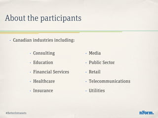 #BetterIntranets
About the participants
•  Canadian industries including:
•  Consulting
•  Education
•  Financial Services...