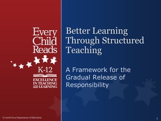 Better Learning
                                      Through Structured
                                      Teaching

                                      A Framework for the
                                      Gradual Release of
                                      Responsibility



© 2008 Iowa Department of Education                         1
 