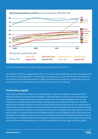 Hand in glove with all this is wage inflation, which is driven by the demand for labour as the unemployment rate
falls. The fewer people available for work the higher the wages they can command. However, the implications
for small firms can be severe because their margins cannot absorb such wage rises. Consequently, they must
source workers from the less skilled work pools, and this reduces their productivity.
Source: OECD (2000-2015), Level of GDP per capita and productivity (Extracted 2-03-17) (12)
Top 10 most productive countries (productivity growth, 2000-2015, USD)
Luxembourg 81.7
Norway 79.8
Ireland 78.4
Belgium 63.0
United States 62.9
Denmark 61.9
Netherlands 61.8
France 60.6
Germany 59.5
Sweden 56.0
GDP per hour worked, USD, 2015
2000 2005 2010 2015
80
75
70
65
60
55
50
45
Productivity myopia
There is also something more sinister and concerning going on. Companies are taking on more people to deal
with their immediate needs rather than committing to a substantial longer-term infrastructure or technology-led
investment. This strategy is attractive to businesses because it allows them to take advantage of short term but
possibly short-lived opportunities without taking on any large scale, protracted financial investment. Should the
market decline suddenly, businesses can divest themselves of these surplus workers quickly. The whole foundation
of their decision-making is therefore, built on the belief that uncertainty and therefore risk will dominate their markets
for the foreseeable future, so they don’t plan beyond the next quarter. The danger of this myopic approach lies in the
knock-on effect. If companies see their current enlarged workforce as just a stopgap, then they will not invest in their
development or management. They won’t see them as an asset because they do not believe they will get a return on
their investment. This broadcasts to workers that they are not really valued, are not worth investing in and most likely
don’t have a future with the organisation. As a result, motivation plummets and once again, productivity suffers.
Luxembourg
Norway
Belgium
United States
Denmark
Netherlands
France
Germany
Sweden
Ireland
Helping people shine
 