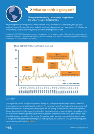 Change simultaneously captures our imagination
and unnerves us at the same time.
From a global economic perspective, growth is slowing at a faster pace than envisaged and the US Federal
Reserve’s dovish monetary policy confirms this (2). The markets are also showing signs of a more pronounced
growth slowdown and new long-term trade disputes are not helping. In the Eurozone construction growth is
slowing down too and the European Central Bank is reflecting its concerns by keeping interest rates low. In the
UK, frustrations over Brexit, poor retail performance generally and continued job losses, particularly in large
financial institutions are adding to the picture. The equities market is a great example of the scale and speed
of change and the heightened uncertainty this is creating. In 2018, the outlook for Asian growth in the equities
market deteriorated due to four factors:
Established in 2007, CEPR (Centre for Economic Policy Research) (1) a network of over 1300 researchers based mainly in
universities throughout Europe created the WUI – World Uncertainty Index and has concluded that global uncertainty is
accelerating at a faster rate than ever before.
Source: CEPR
Global WUI, 1996-2018 (unweighted global average)
WUI
1996 Q1 - 2010 Q4 average
250
200
150
100
50
2002 q1
9/11 attacks
2003 q2
SARS outbreak
and Gulf War II
2012 q2
Euro zone
debt crisis
2017 q1
US Presidential elections
2015 q4
El Nino in Africa and Europe
border control crisis
2 What on earth is going on?
Why? Change itself is nothing new but what’s different today compared to 100 or even 10 years ago is the
accelerating pace of change. We worry and with good reason because we can’t keep up, and this is fuelling an
overwhelming sense of uncertainty among individuals and organisations alike.
1996
1996
1997
1998
1999
1999
2000
2001
2002
2002
2003
2004
2005
2005
2006
2007
2008
2008
2009
2010
2011
2011
2012
2013
2014
2014
2015
2016
2017
2017
2018
q1
q4
q3
q2
q1
q4
q3
q2
q1
q4
q3
q2
q1
q4
q3
q2
q1
q4
q3
q2
q1
q4
q3
q2
q1
q4
q3
q2
q1
q4
q3
©2019 www.upskillpeople.com
 