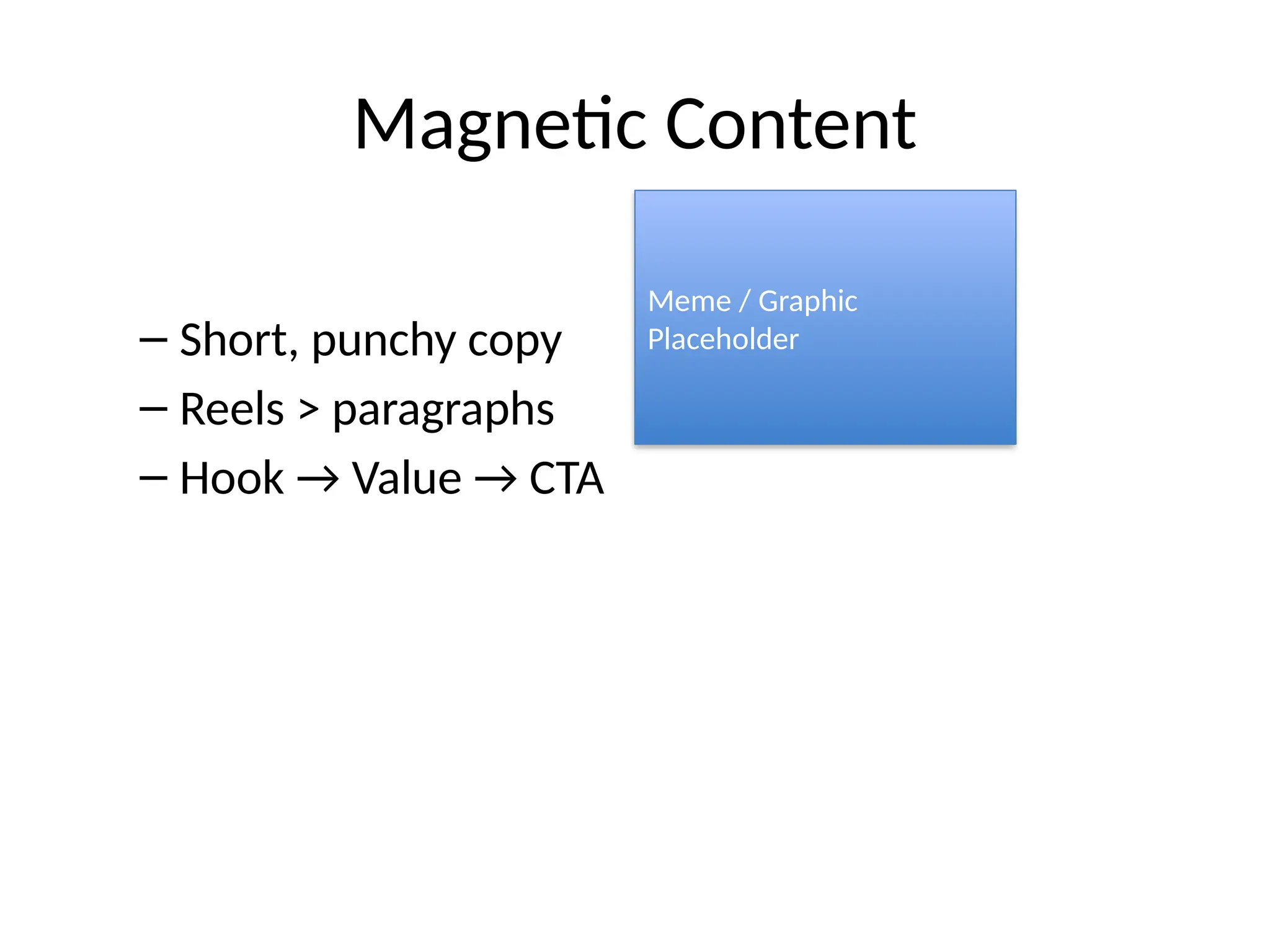 Magnetic Content
– Short, punchy copy
– Reels > paragraphs
– Hook → Value → CTA
Meme / Graphic
Placeholder
 