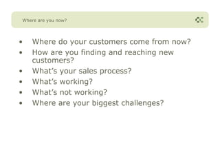 Where are you now?




•   Where do your customers come from now?
•   How are you finding and reaching new
    customers?
•   What’s your sales process?
•   What’s working?
•   What’s not working?
•   Where are your biggest challenges?
 
