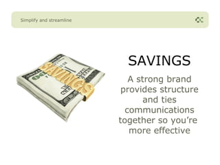 Simplify and streamline




                            SAVINGS
                             A strong brand
                           provides structure
                                and ties
                            communications
                          together so you’re
                             more effective
 