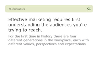 The Generations




Effective marketing requires first
understanding the audiences you’re
trying to reach.
For the first time in history there are four
different generations in the workplace, each with
different values, perspectives and expectations
 