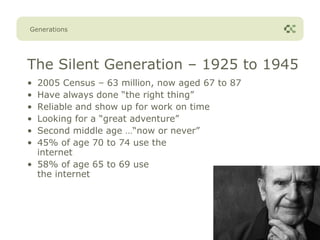 Generations




The Silent Generation – 1925 to 1945
• 2005 Census – 63 million, now aged 67 to 87
• Have always done “the right thing”
• Reliable and show up for work on time
• Looking for a “great adventure”
• Second middle age …“now or never”
• 45% of age 70 to 74 use the
  internet
• 58% of age 65 to 69 use
  the internet
 