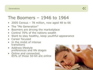 Generations




The Boomers – 1946 to 1964
• 2005 Census – 78 million, now aged 48 to 66
• The “Me Generation”
• Boomers are driving the marketplace
• Control 70% of the nations wealth
• Want to stay healthy, keep youthful appearance
• Career focused
• In the midst of intense
  transitions
• Address lifestyle
  preferences and life stages
• Online and connected,
  85% of those 50-64 are online
 