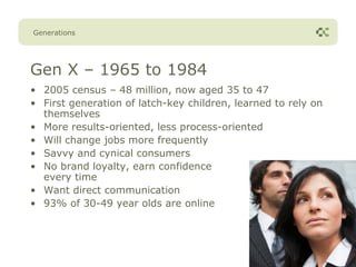 Generations




Gen X – 1965 to 1984
• 2005 census – 48 million, now aged 35 to 47
• First generation of latch-key children, learned to rely on
  themselves
• More results-oriented, less process-oriented
• Will change jobs more frequently
• Savvy and cynical consumers
• No brand loyalty, earn confidence
  every time
• Want direct communication
• 93% of 30-49 year olds are online
 