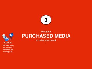 3
Using the
PURCHASED MEDIA
to drive your brand
Paid Media
Tell brand story
in own-able,
breakthrough,
moving way.
 