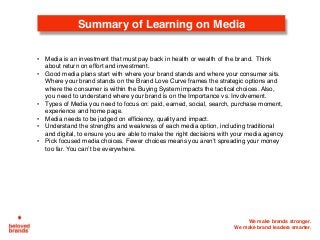 We make brands stronger.
We make brand leaders smarter.
• Media is an investment that must pay back in health or wealth of the brand. Think
about return on effort and investment.
• Good media plans start with where your brand stands and where your consumer sits.
Where your brand stands on the Brand Love Curve frames the strategic options and
where the consumer is within the Buying System impacts the tactical choices. Also,
you need to understand where your brand is on the Importance vs. Involvement.
• Types of Media you need to focus on: paid, earned, social, search, purchase moment,
experience and home page.
• Media needs to be judged on efficiency, quality and impact.
• Understand the strengths and weakness of each media option, including traditional
and digital, to ensure you are able to make the right decisions with your media agency.
• Pick focused media choices. Fewer choices means you aren’t spreading your money
too far. You can’t be everywhere.
Summary of Learning on Media
 