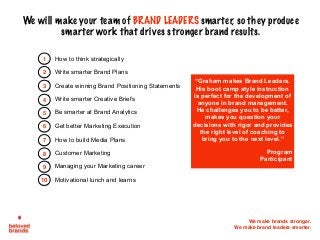 We make brands stronger.
We make brand leaders smarter.
We will make your team of BRAND LEADERS smarter, so they produce
smarter work that drives stronger brand results.
How to think strategically
Write smarter Brand Plans
Create winning Brand Positioning Statements
Write smarter Creative Briefs
Be smarter at Brand Analytics
Get better Marketing Execution
How to build Media Plans
Customer Marketing
Managing your Marketing career
Motivational lunch and learns
1
2
6
4
5
3
7
8
9
10
“Graham makes Brand Leaders.
His boot camp style instruction
is perfect for the development of
anyone in brand management.
He challenges you to be better,
makes you question your
decisions with rigor and provides
the right level of coaching to
bring you to the next level.”
Program
Participant
 