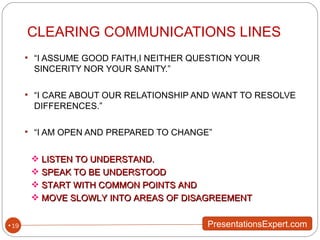 CLEARING COMMUNICATIONS LINES “ I ASSUME GOOD FAITH,I NEITHER QUESTION YOUR SINCERITY NOR YOUR SANITY.” “ I CARE ABOUT OUR RELATIONSHIP AND WANT TO RESOLVE DIFFERENCES.” “ I AM OPEN AND PREPARED TO CHANGE” LISTEN TO UNDERSTAND. SPEAK TO BE UNDERSTOOD START WITH COMMON POINTS AND  MOVE SLOWLY INTO AREAS OF DISAGREEMENT 