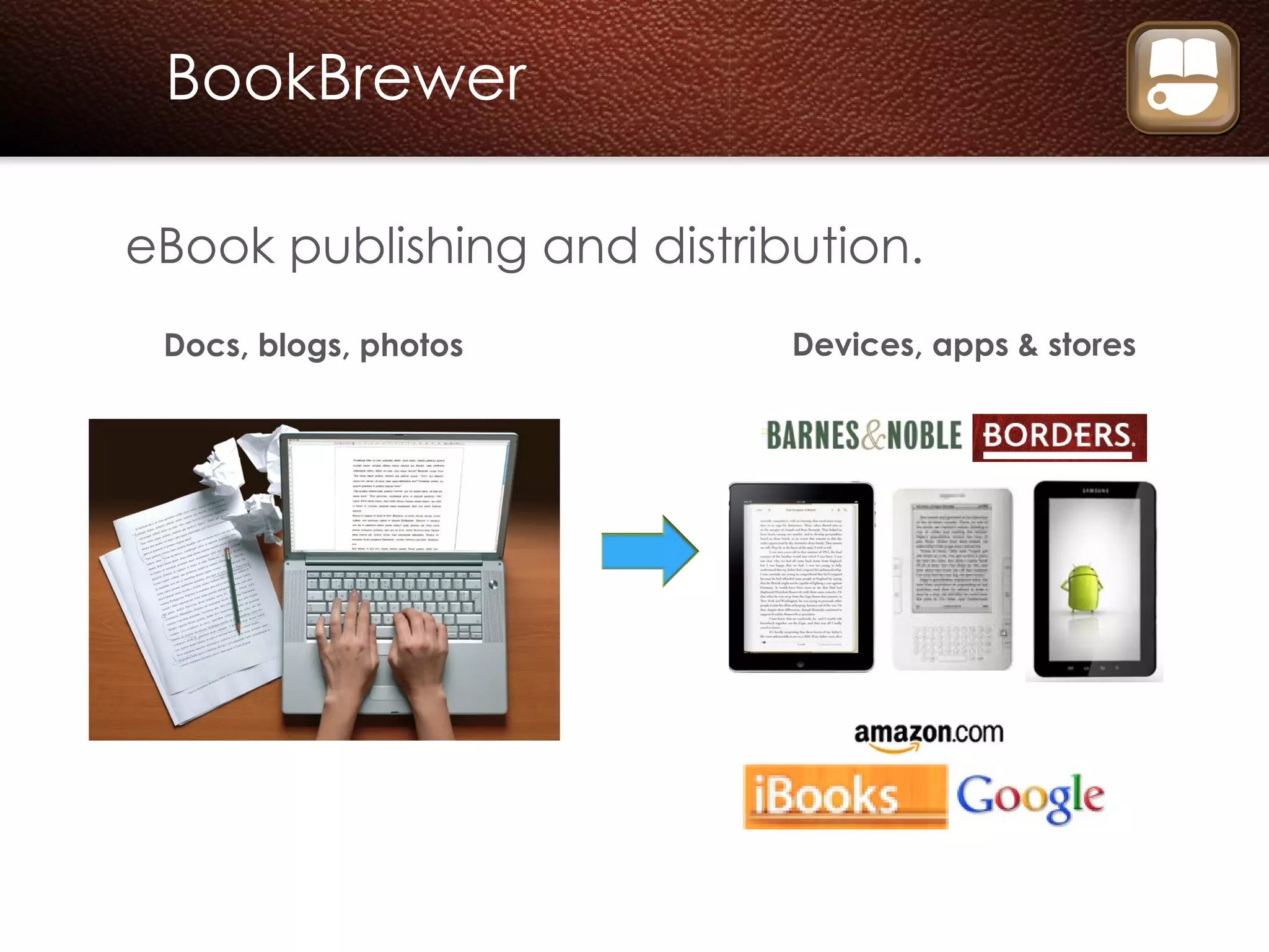 eBook publishing and distribution. BookBrewer Docs, blogs, photos Devices, apps & stores 