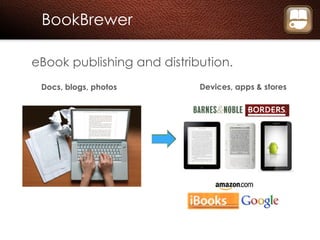 eBook publishing and distribution. BookBrewer Docs, blogs, photos Devices, apps & stores 