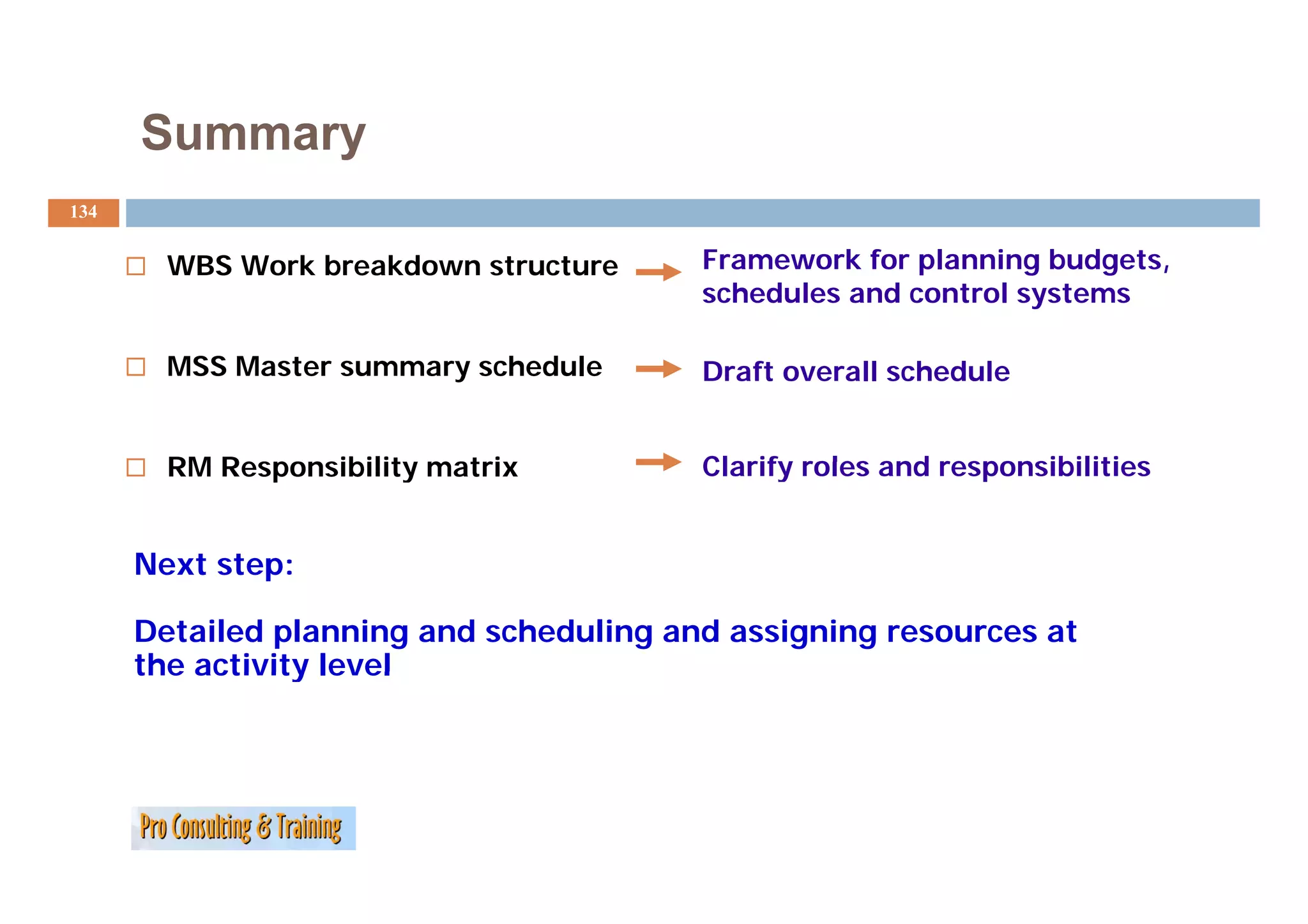 Summary
134


        WBS Work breakdown structure     Framework for planning budgets,
                                         F        kf     l   i   b d t
                                         schedules and control systems

        MSS M t summary schedule
            Master        h d l          Draft overall schedule


        RM Responsibility matrix         Clarify roles and responsibilities


      Next step:

      Detailed planning and scheduling and assigning resources at
      the activity level
 