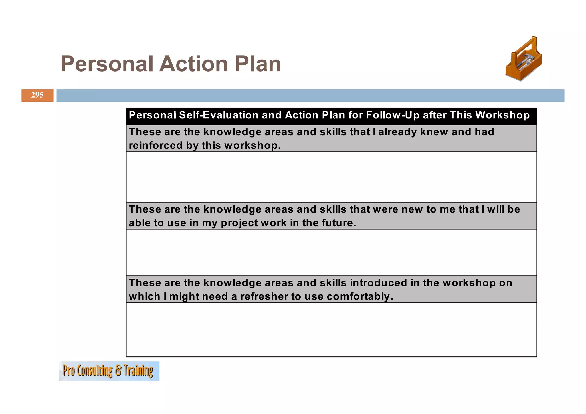 Personal Action Plan
295

            Personal Self E al ation and Action Plan for Follow-Up after This Workshop
                     Self-Evaluation                     Follo Up
            These are the knowledge areas and skills that I already knew and had
            reinforced by this workshop.




            These are the knowledge areas and skills that were new to me that I will be
            Th         th k     l d             d kill th t        t     th t    ill b
            able to use in my project work in the future.




            These are the knowledge areas and skills introduced in the workshop on
            which I might need a refresher to use comfortably.
                      g                                     y
 