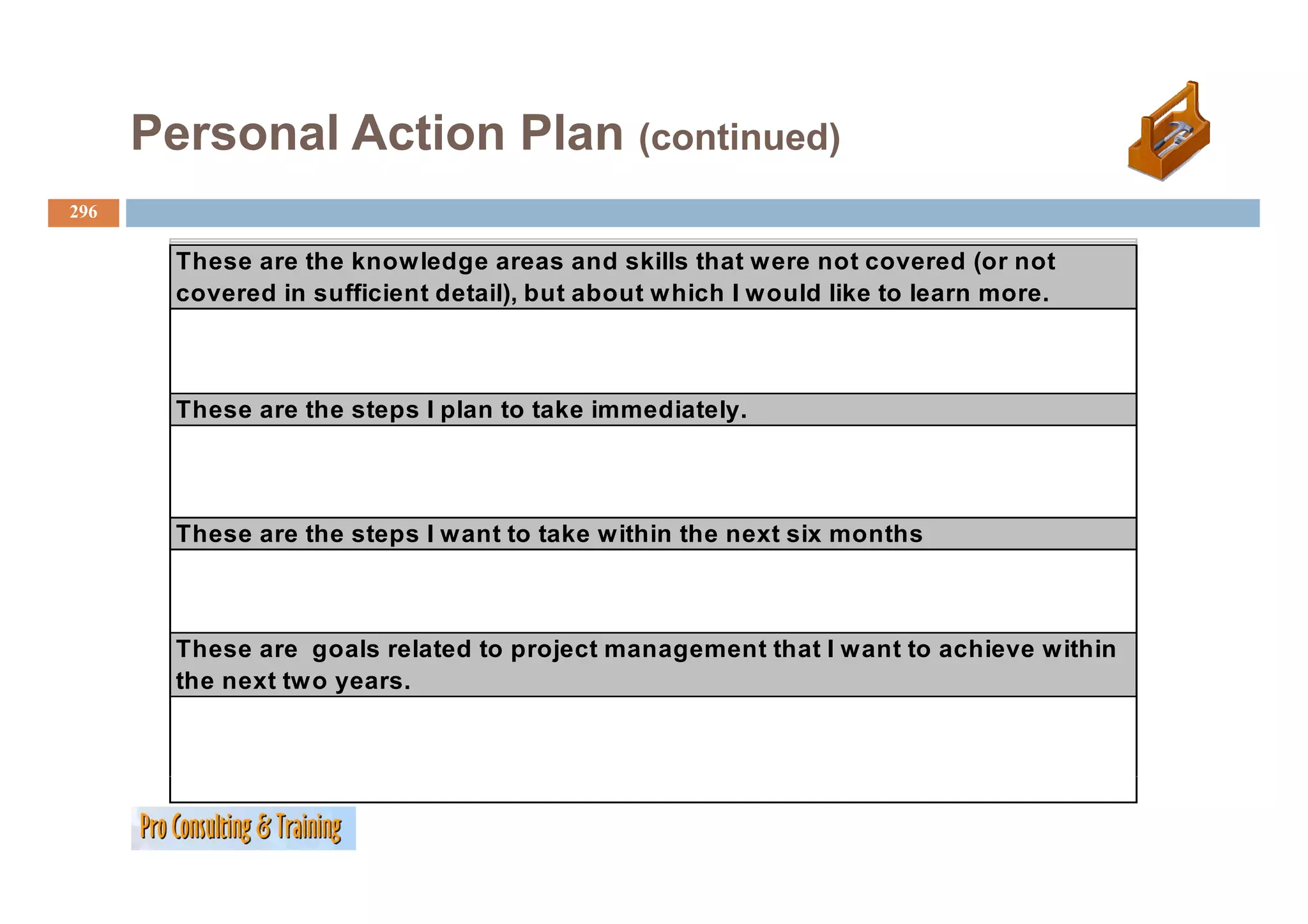 Personal Action Plan (continued)
296

        These are the knowledge areas and skills that were not covered (or not
        Th         h k      l d              d kill h                     d(
        covered in sufficient detail), but about which I would like to learn more.



        These are the steps I plan to take immediately.




        These are the steps I want to take within the next six months



        These are goals related to project management that I want to achieve within
        the next two years.
         h
 