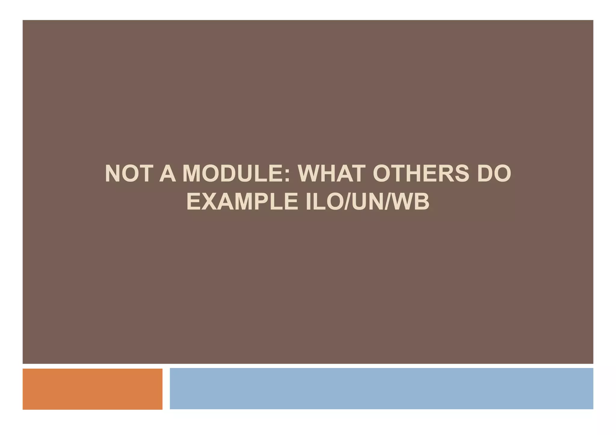 NOT A MODULE: WHAT OTHERS DO
      MODULE
      EXAMPLE ILO/UN/WB
 