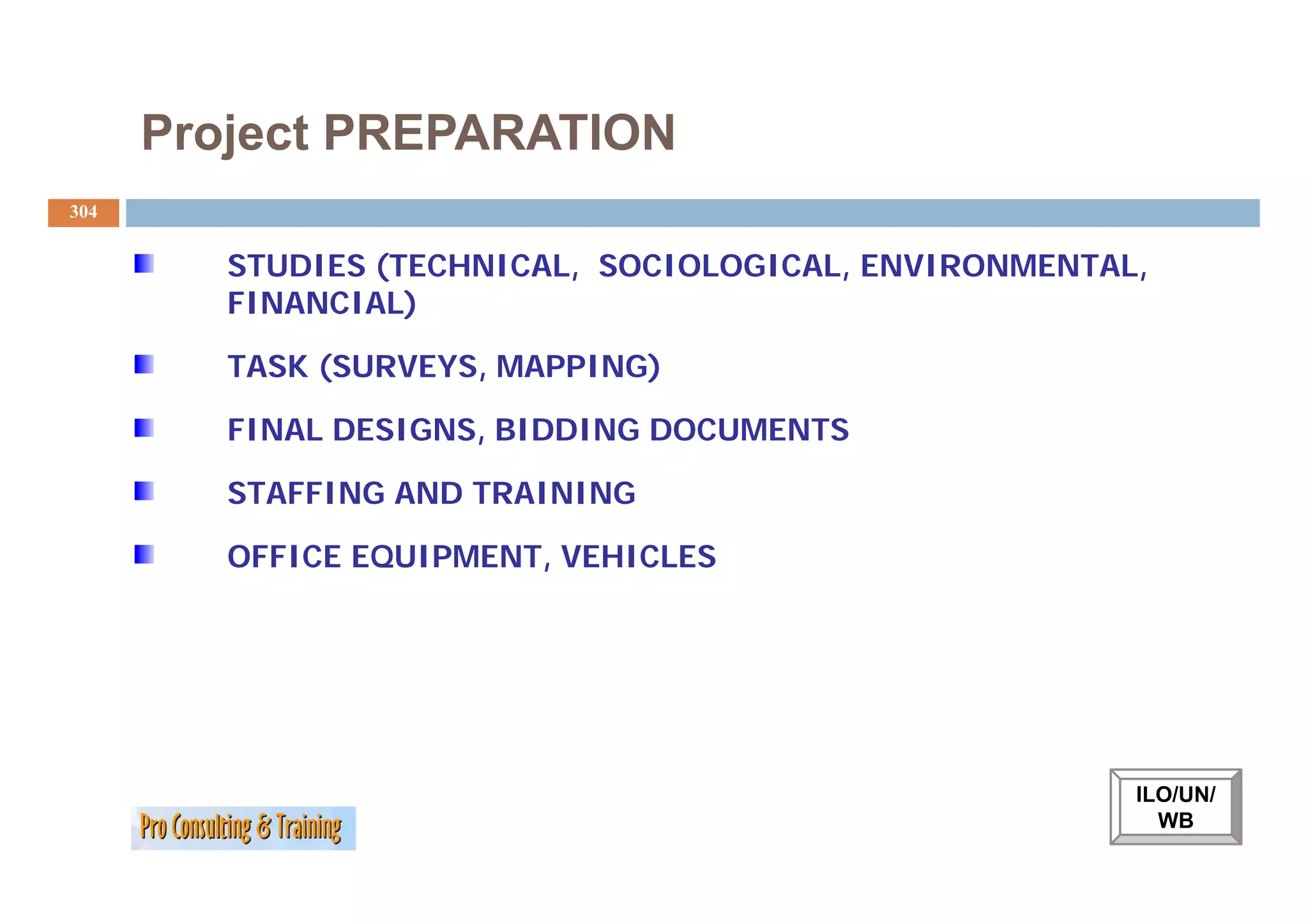 Project PREPARATION
304


         STUDIES (TECHNICAL, SOCIOLOGICAL, ENVIRONMENTAL,
         FINANCIAL)

         TASK (SURVEYS MAPPING)
              (SURVEYS,

         FINAL DESIGNS, BIDDING DOCUMENTS

         STAFFING AND TRAINING

         OFFICE EQUIPMENT, VEHICLES




                                                        ILO/UN/
                                                          WB
 