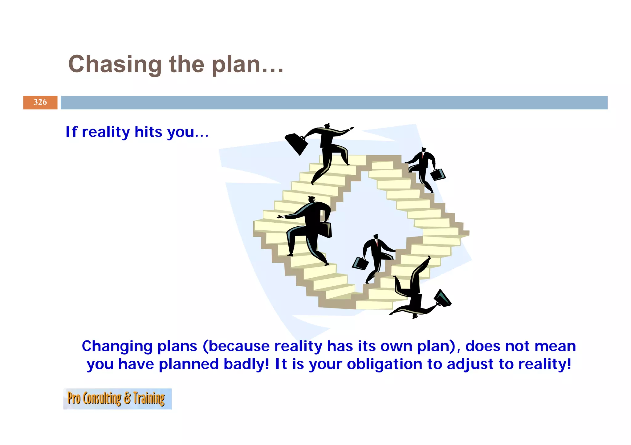 Chasing the plan…
326


      If reality hits you…




        Changing plans (because reality has its own plan), does not mean
        you have planned badly! It is your obligation to adjust to reality!
 
