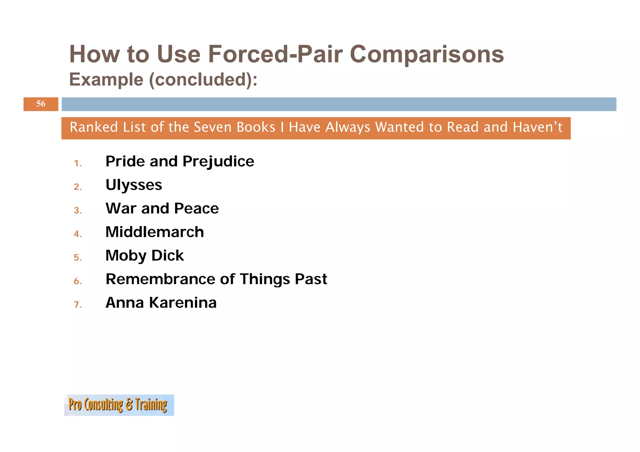 How to Use Forced-Pair Comparisons
     Example (concluded):
56

     Ranked List f the Seven B k I H
     R k d Li t of th S      Books Have Al
                                        Always W t d t R d and H
                                               Wanted to Read d Haven’t
                                                                     ’t

     1.   Pride and Prejudice
     2.   Ulysses
     3.   War and Peace
     4.   Middlemarch
          Middl     h
     5.   Moby Dick
     6.   Remembrance of Things Past
     7.   Anna Karenina
 