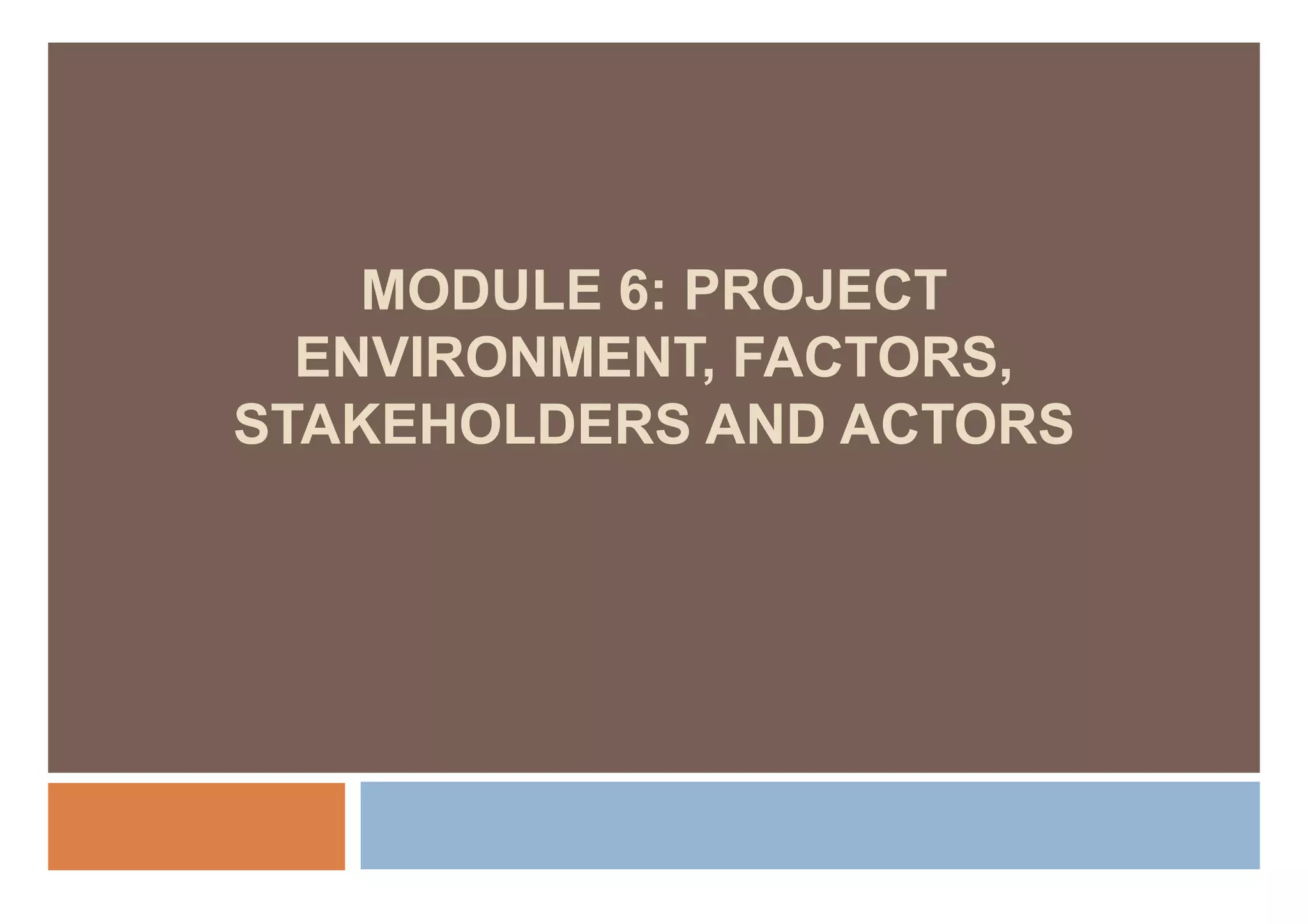 MODULE 6: PROJECT
  ENVIRONMENT, FACTORS,
  ENVIRONMENT FACTORS
STAKEHOLDERS AND ACTORS
 