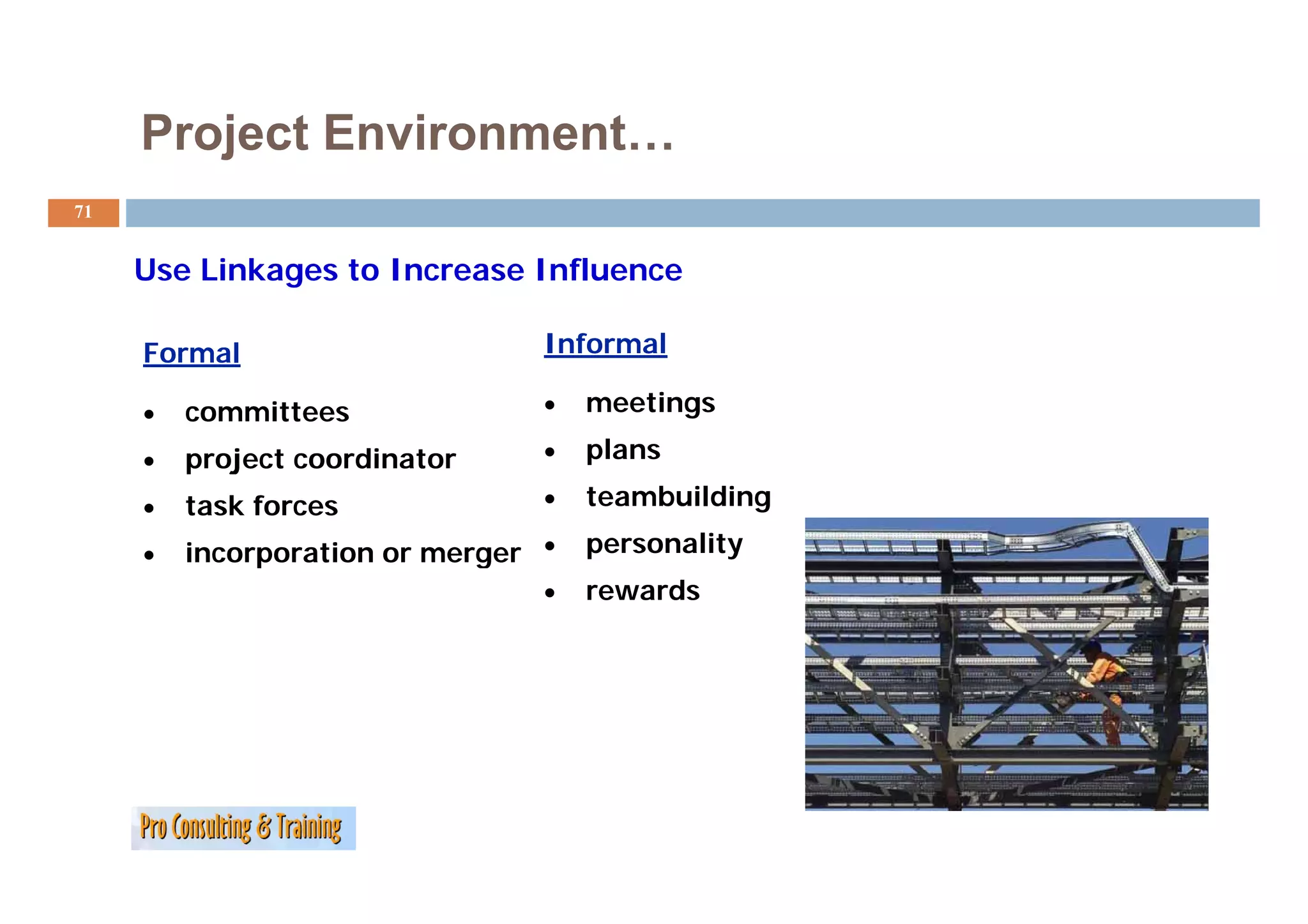 Project Environment…
71


     Use Linkages to Increase Influence

     Formal                      Informal

     •   committees              •   meetings

     •   project coordinator     •   p
                                     plans

     •   task forces             •   teambuilding

     •   incorporation or merger •
              p              g       personality
                                 •   rewards
 